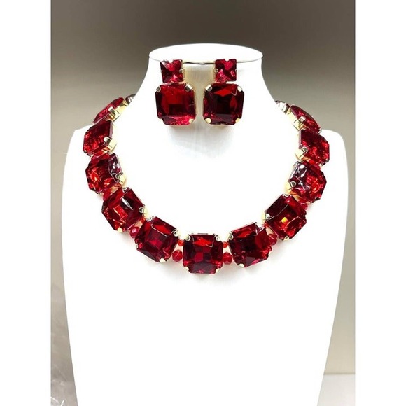 NEW Necklace Earrings Red Rhinestone Jewelry Set 16" 18" 20" Choker Chunky MA07 - Picture 2 of 7